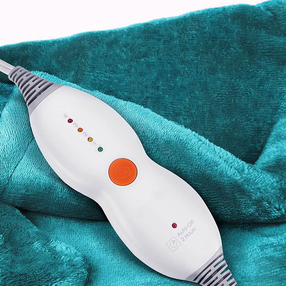 Turquoise heating pad with white controller remote and multi-color indicator lights