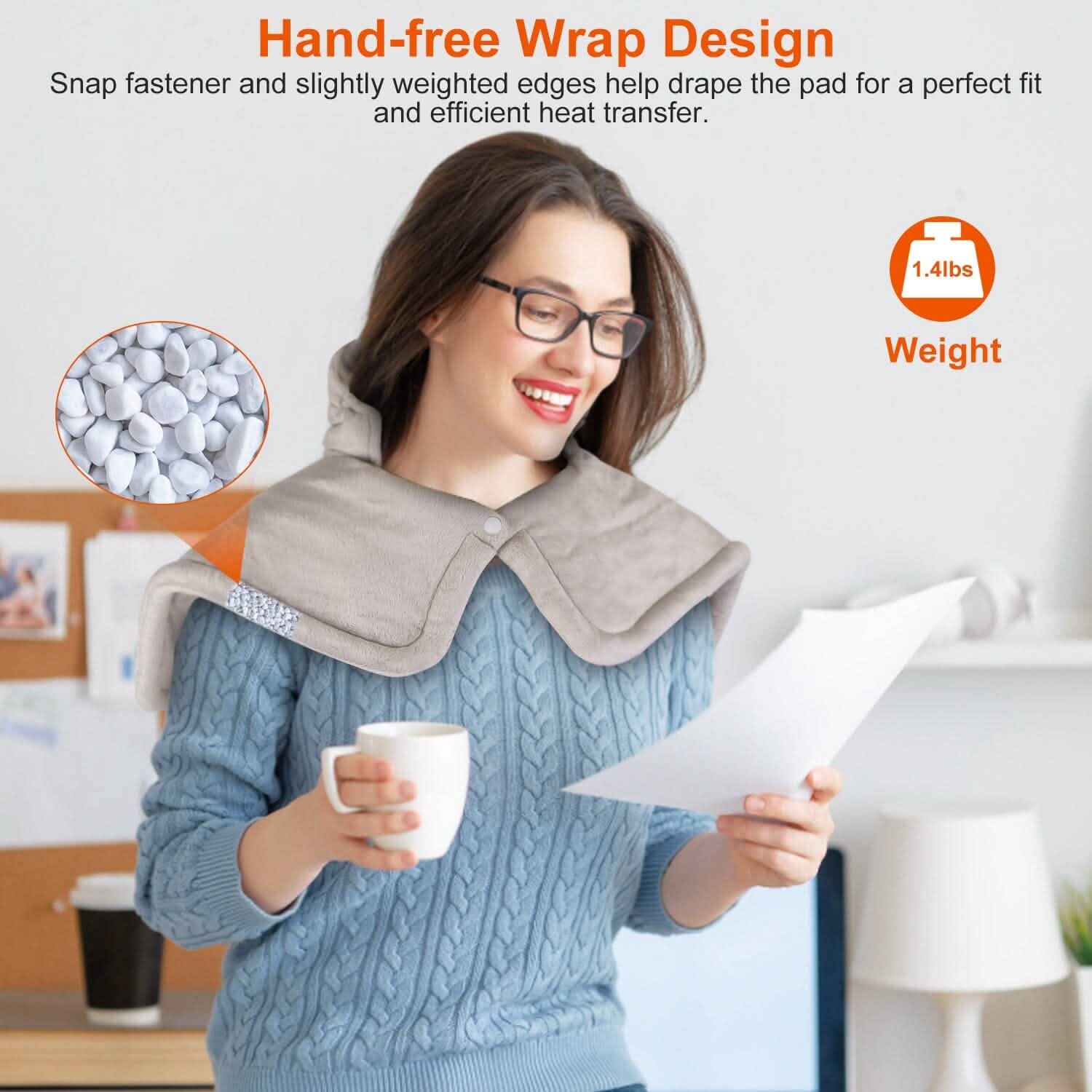 Hand-free wrap design weighted neck heating pad, plush gray cover for draping around shoulders