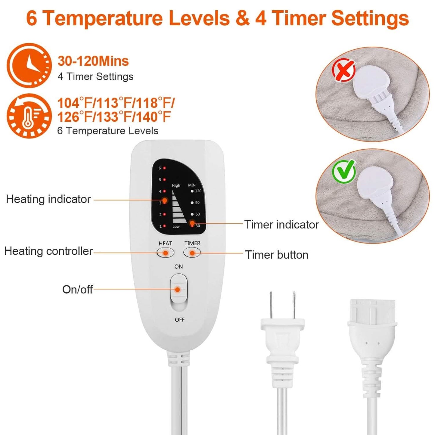 Heating pad controller for neck and shoulders with cord, plus settings and indicator panel shown