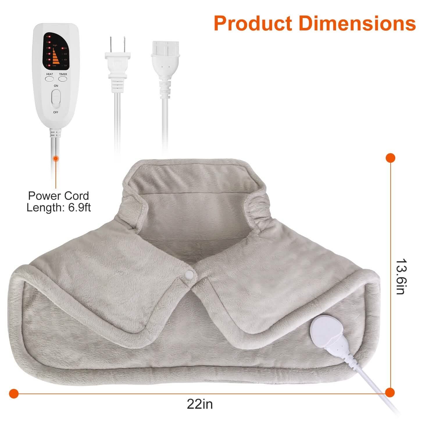 Large neck and shoulder heating pad with plush gray cover and controller, cord connection shown