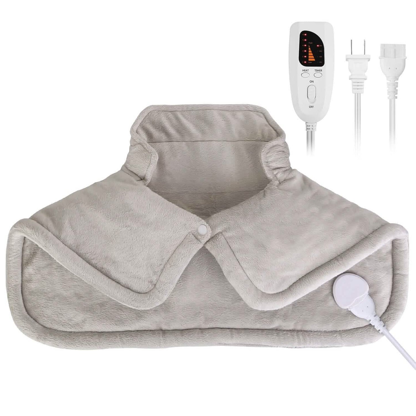 Large weighted heating pad for neck and shoulders, plush gray cover, control cord attached