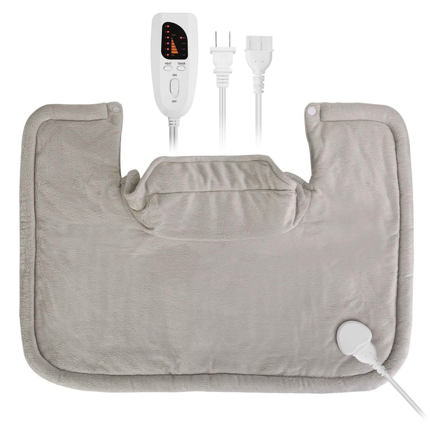 Weighted heating pad for neck and shoulders with plush gray cover and attached controller and cord