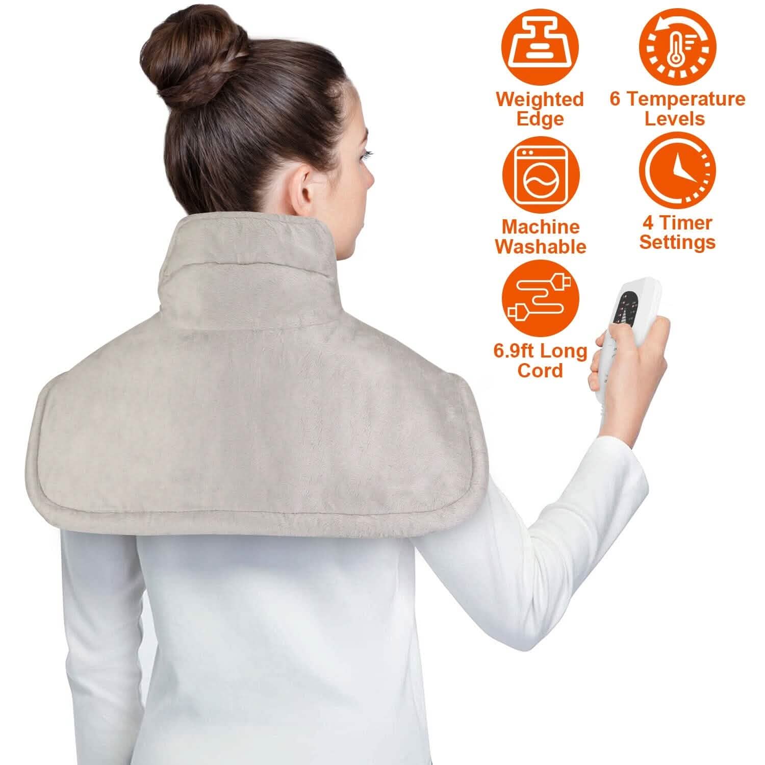 Neck and shoulder heating pad, plush gray wrap style, controller held with long power cord