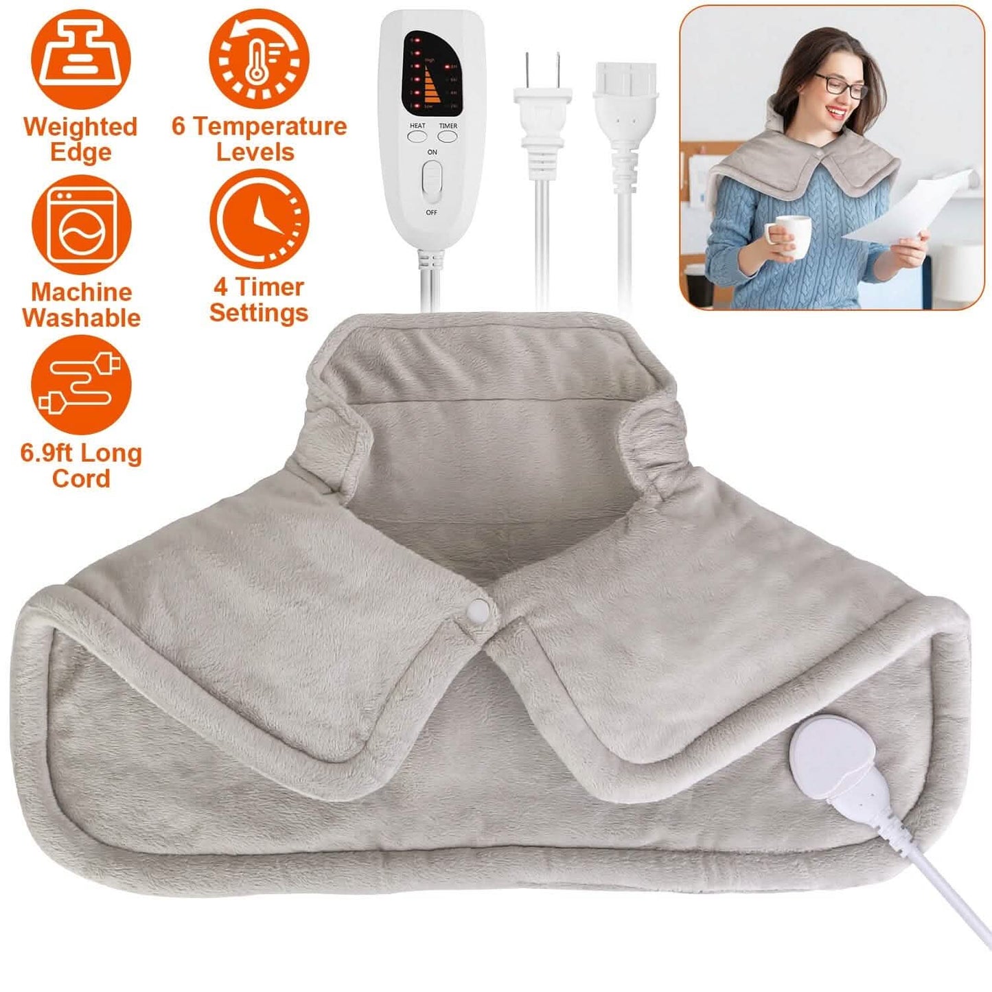 Large weighted heating pad wrap, plush gray cover and controller with cord shown alongside