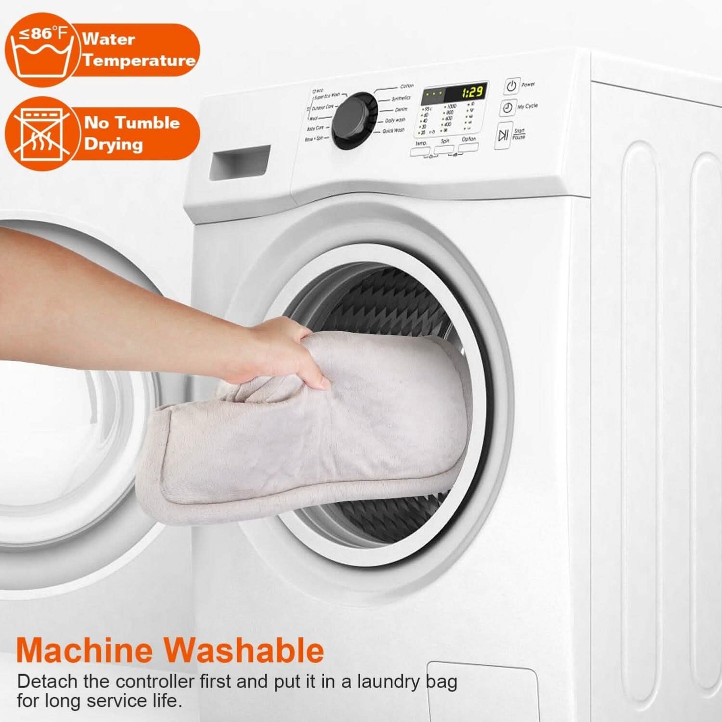 Machine-washable heating pad with plush gray cover and detached controller for laundry