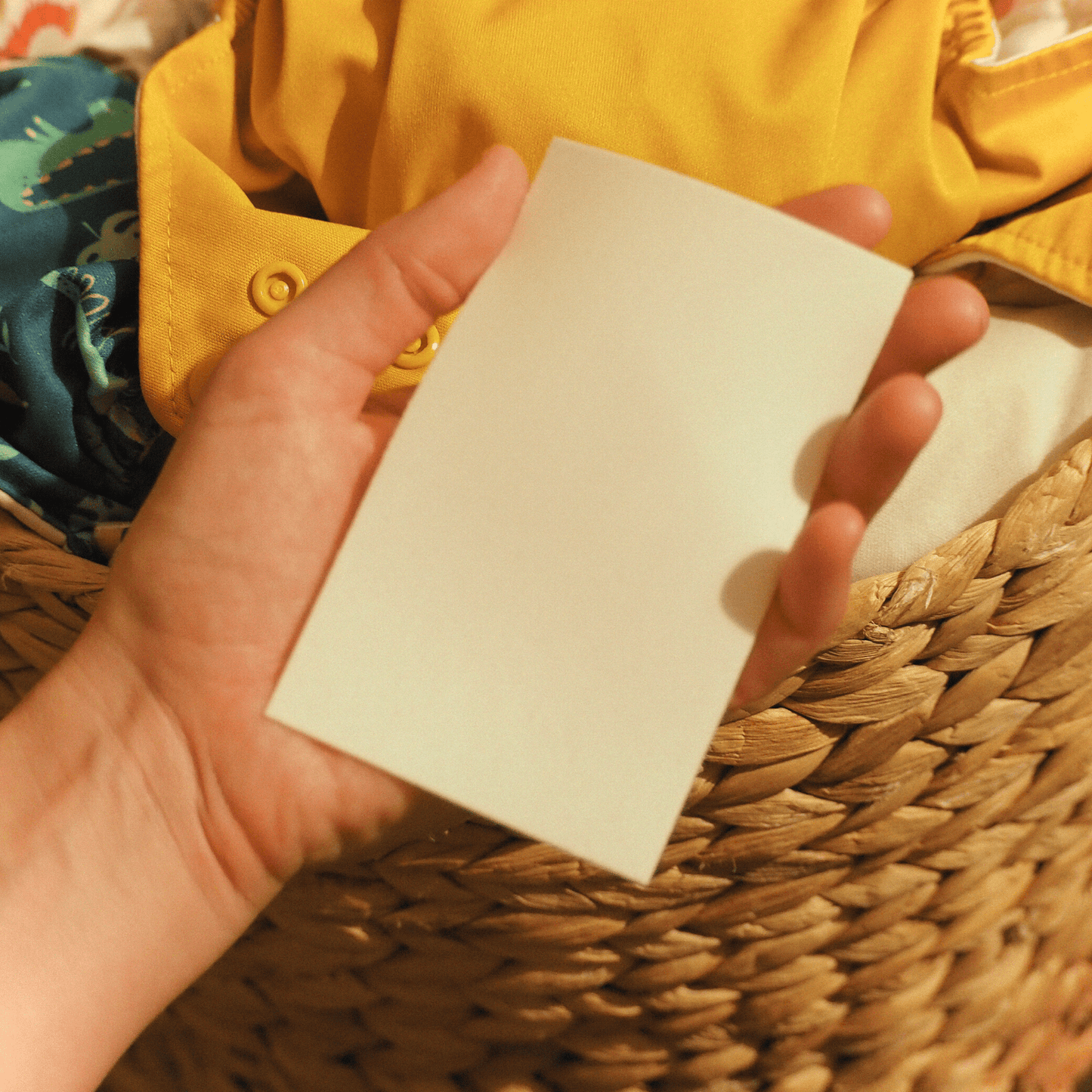 Laundry detergent strip in hands, plain white sheet; chamomile