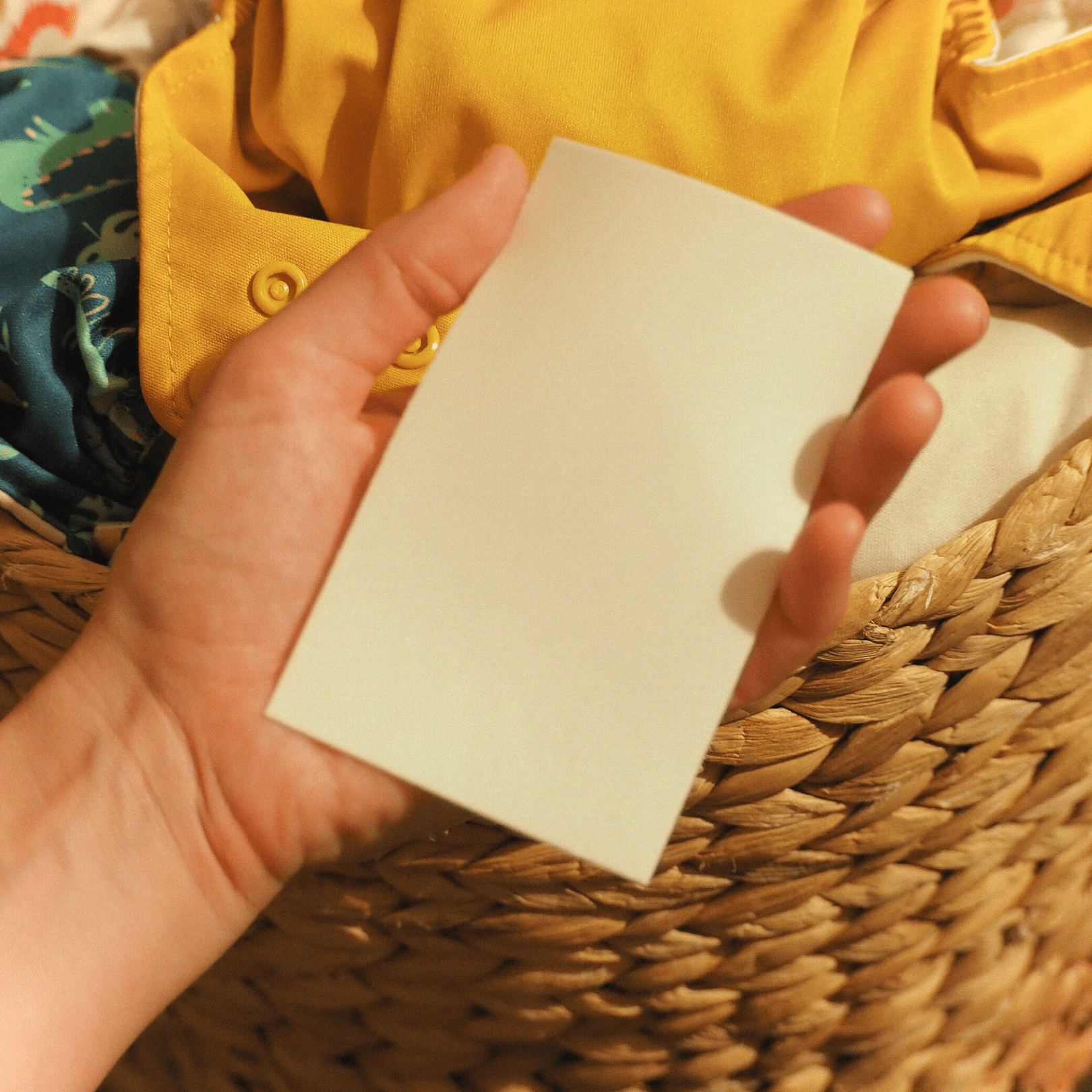 Laundry detergent strip in hands, plain white sheet; chamomile