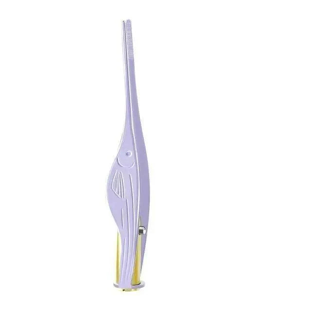 Lavender ear pick and tweezer tool standing upright with textured handle and comb teeth