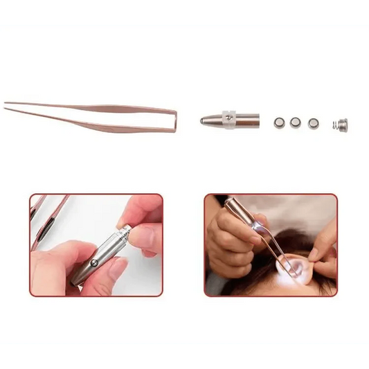 Ear pick and tweezer tool with attachments, shown with parts and hand-held use