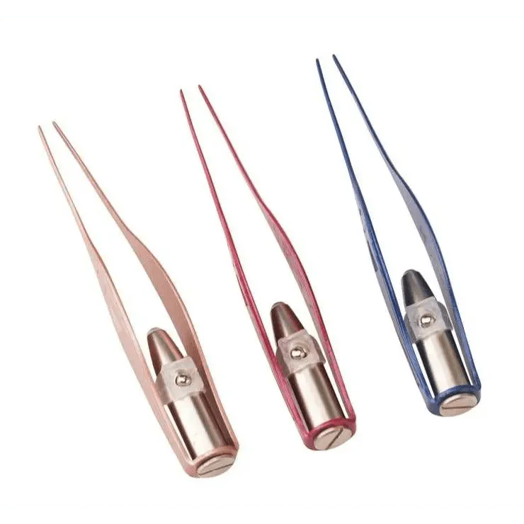 Ear pick tweezers tool with two metal tips and rose and blue handles