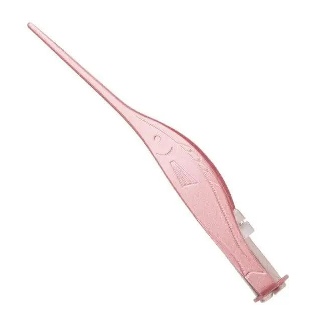 Light pink ear pick and tweezer tool angled view with textured grip and metal insert