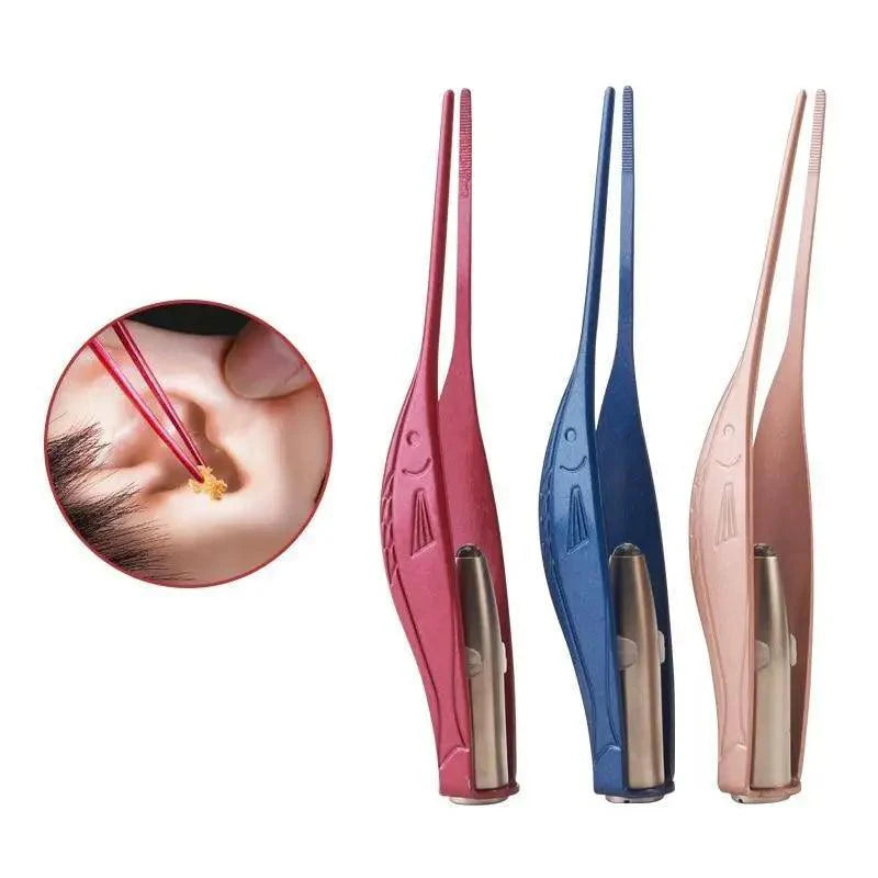 Ear pick and tweezer tool, set of red, blue, and rose colors with metal tips