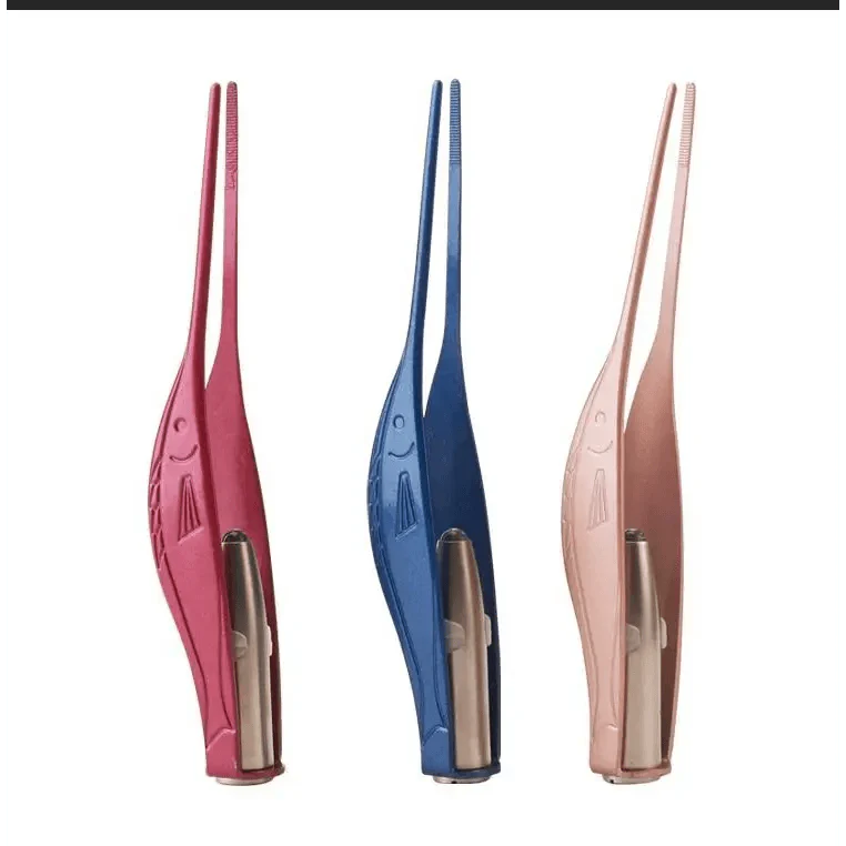 Ear pick and tweezer tool in red, blue, and light pink colors with metal tips