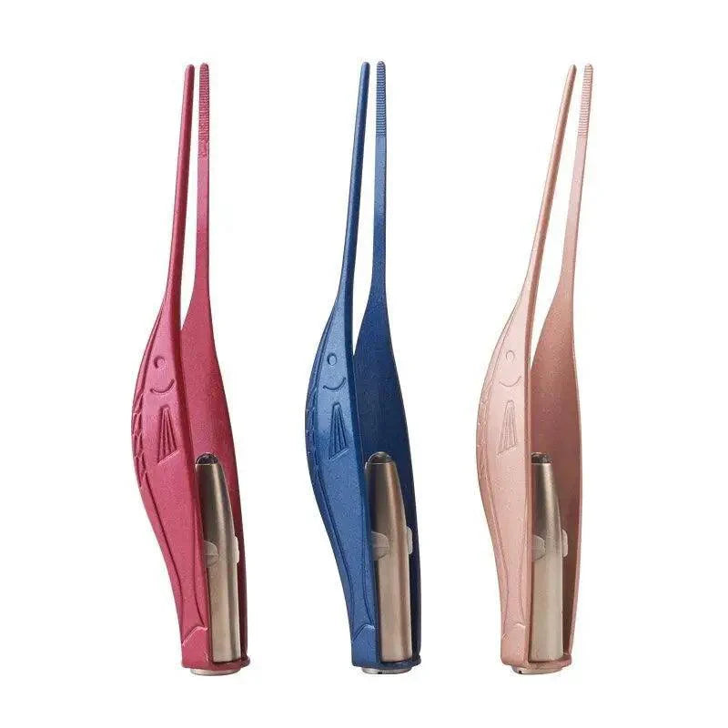 Ear pick and tweezer tools in red, blue, and rose colors with metal inserts