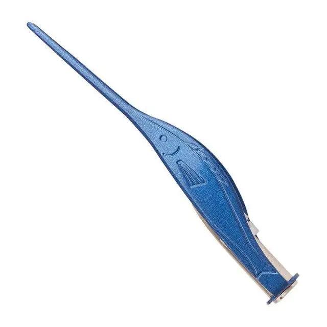 Ear pick tweezers tool with blue handle and two-prong metal tip end