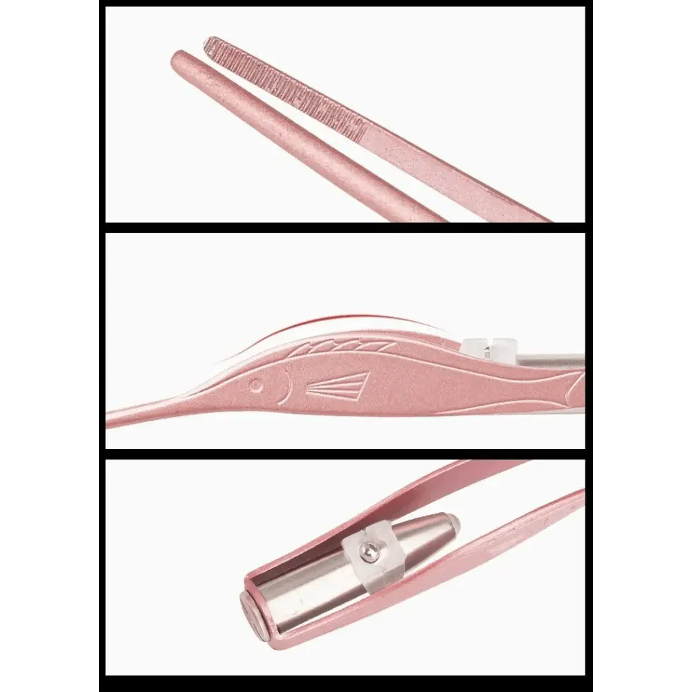 Rose gold ear pick and tweezer tool close-up of textured grip and metal insert