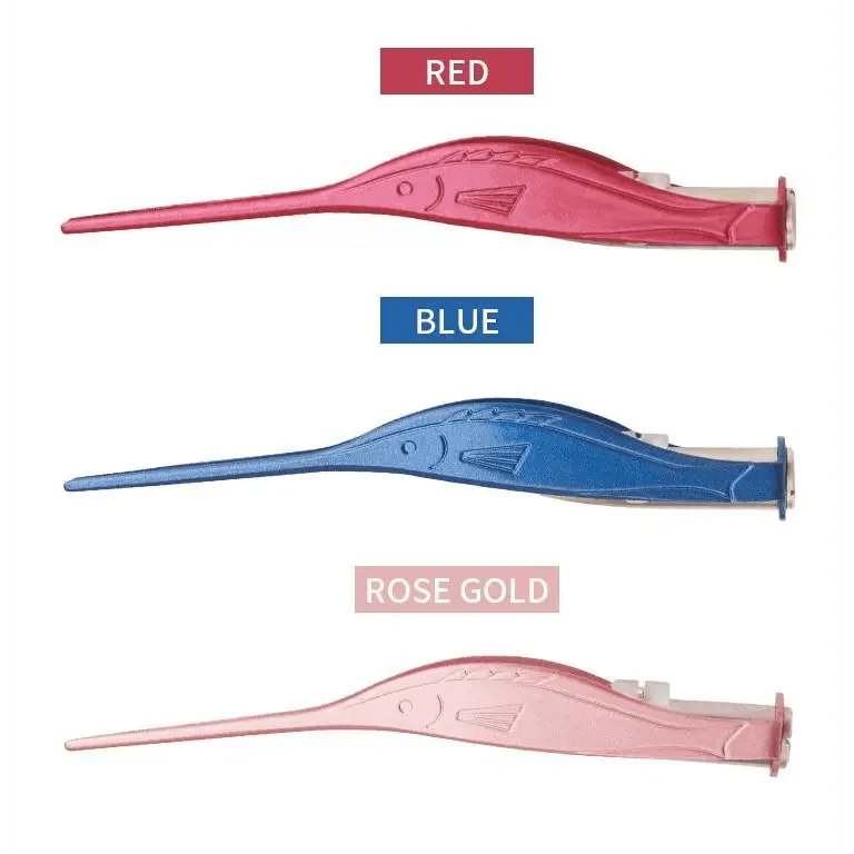 Color options of ear pick and tweezer tool in red, blue, and rose gold