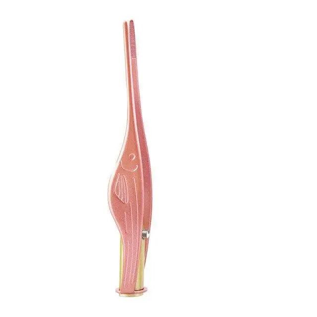Rose ear pick and tweezer tool side view with textured handle and comb teeth