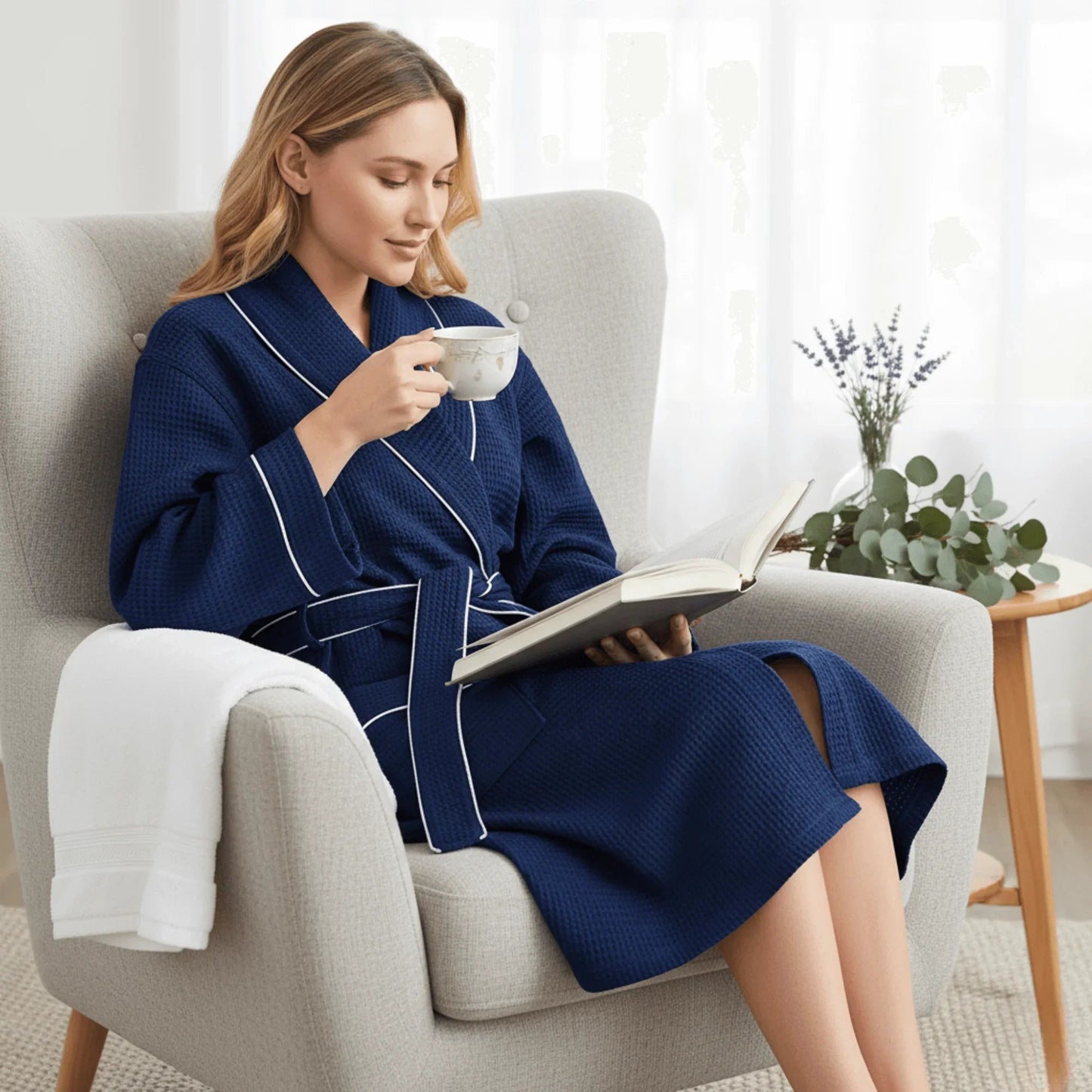Navy waffle knee-length robe with white piping, belt tied