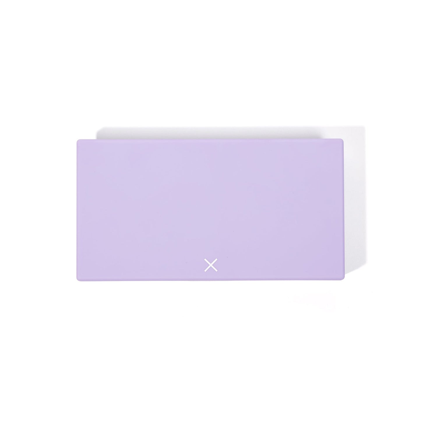 Lilac AM/PM pill box with front latch and X emblem, closed