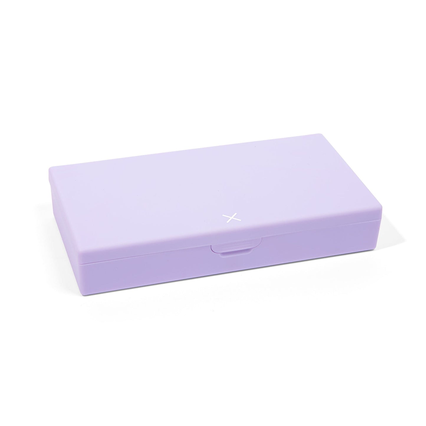 Lilac AM/PM pill box with hinged lid and carry handle, closed