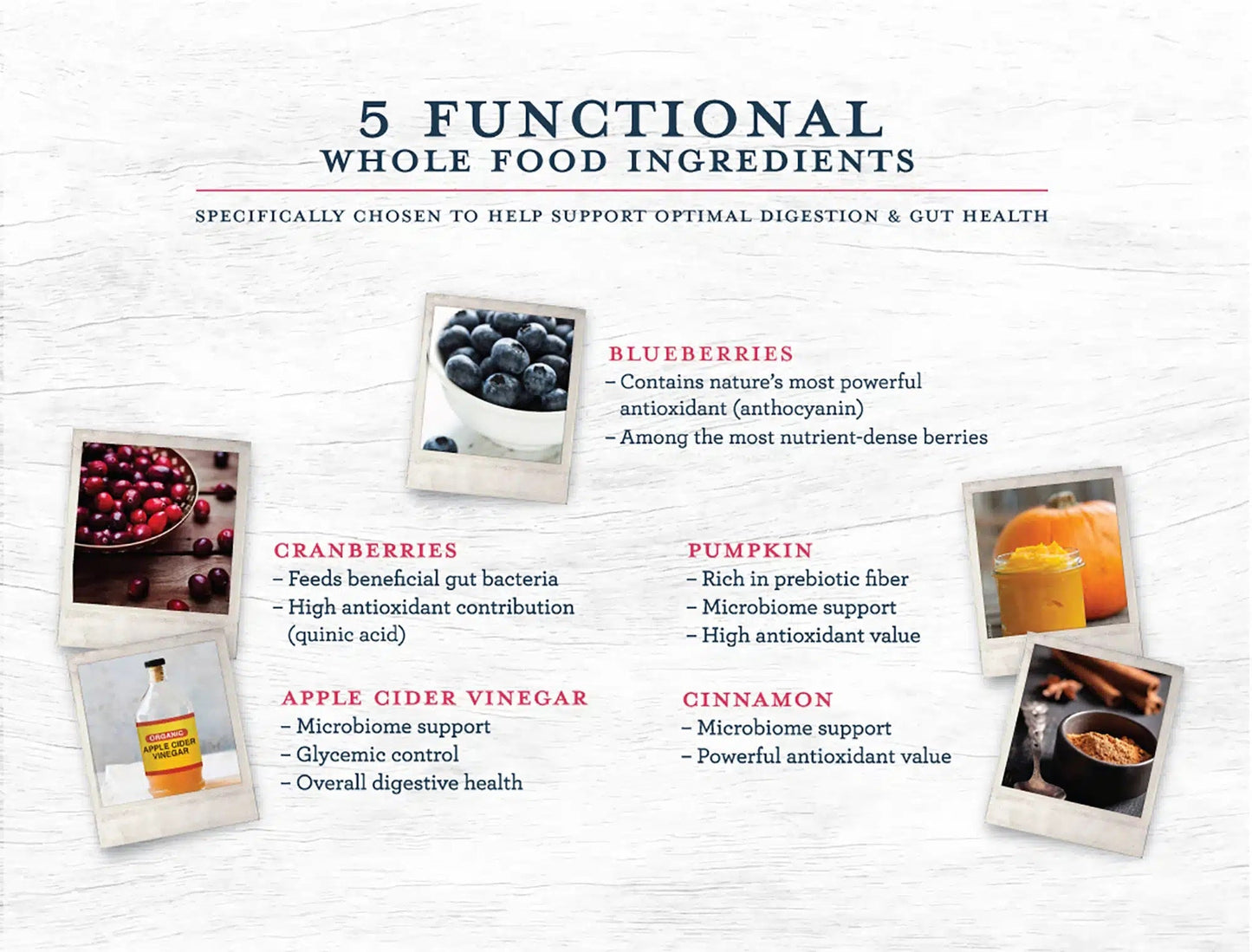5 functional whole food ingredients: blueberries, cranberries, pumpkin, apple cider vinegar, cinnamon
