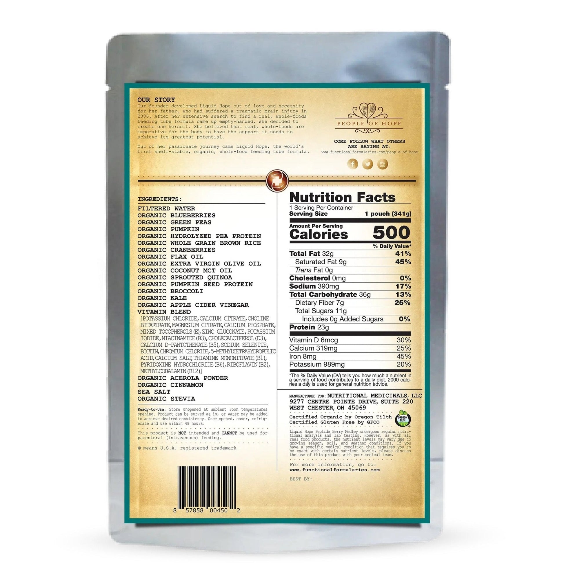 Liquid Hope Berry Medley back pouch label with nutrition facts, ingredients, and barcode