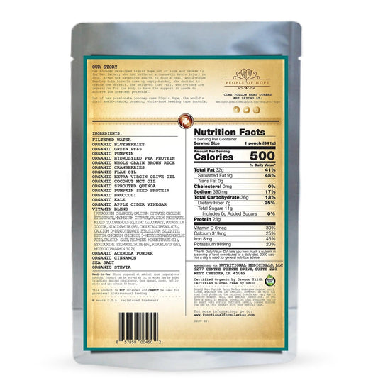 Liquid Hope Berry Medley back pouch label with nutrition facts, ingredients, and barcode