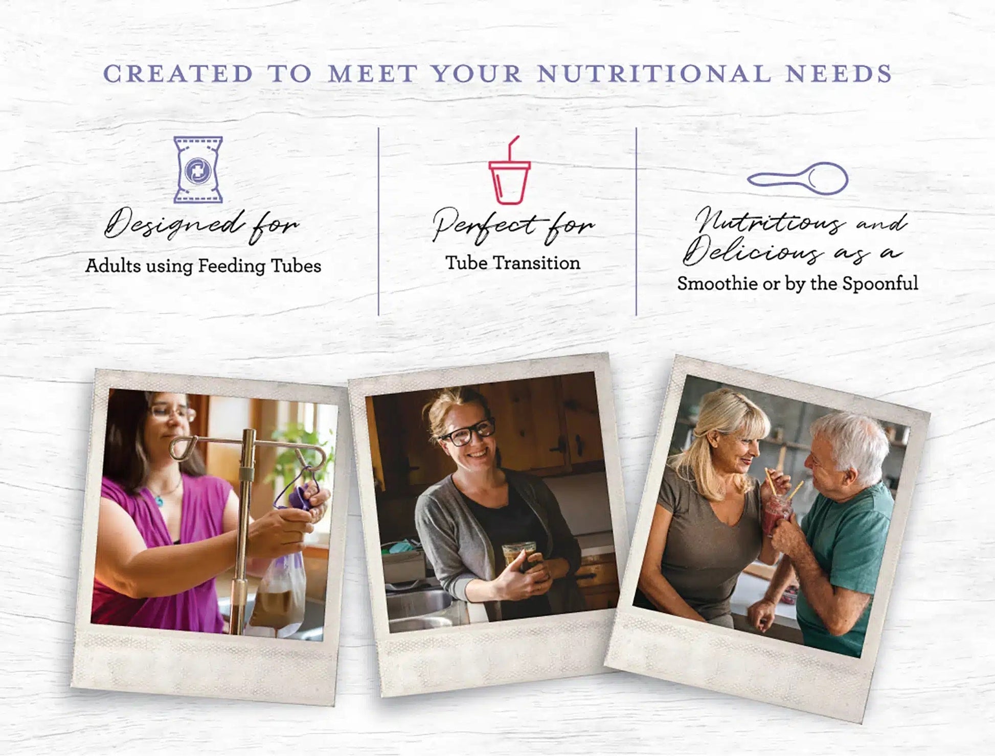Adult formula feature graphic: designed for feeding tubes, tube transition, spoonful use