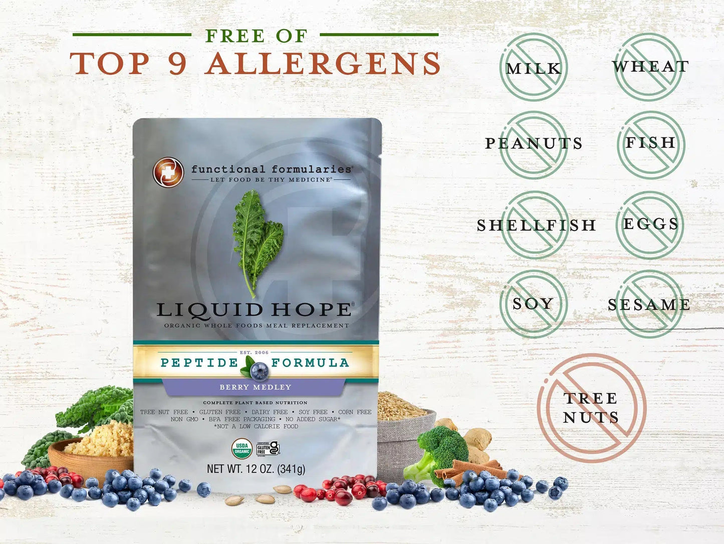 Berry Medley pouch with allergen icons: milk, wheat, peanuts, eggs, fish, soy, sesame