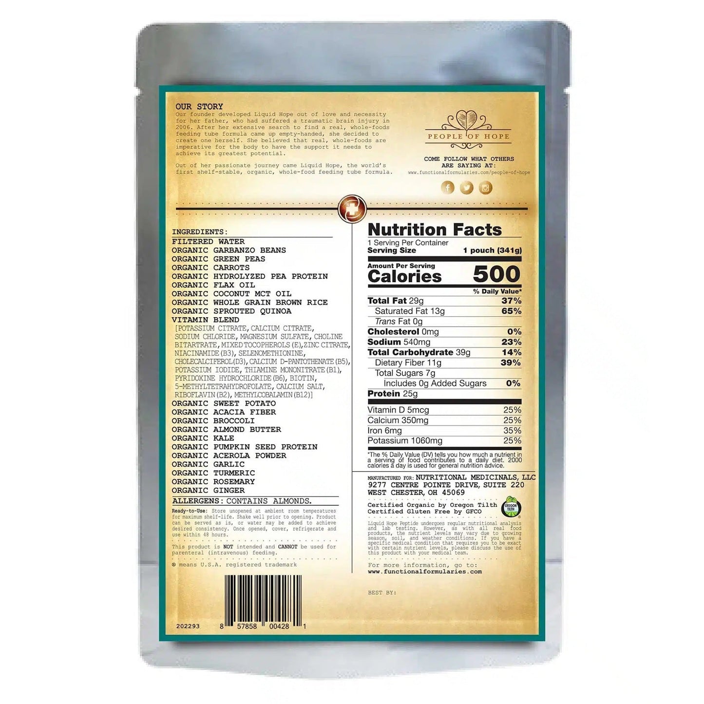 Liquid Hope peptide formula pouch back with nutrition facts and ingredients panel