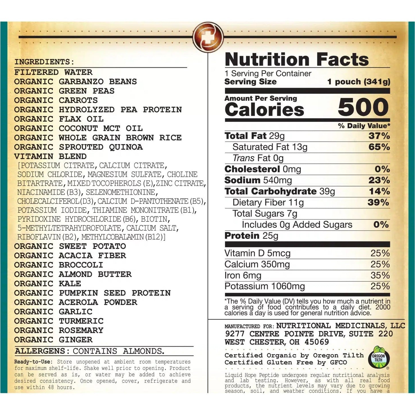 Nutrition Facts for peptide formula, 1 pouch (341 g), 500 calories