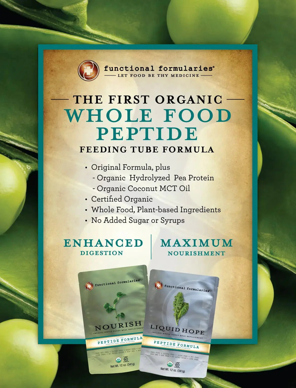 Liquid Hope feeding tube formula card with ingredient highlights and two pouch sizes