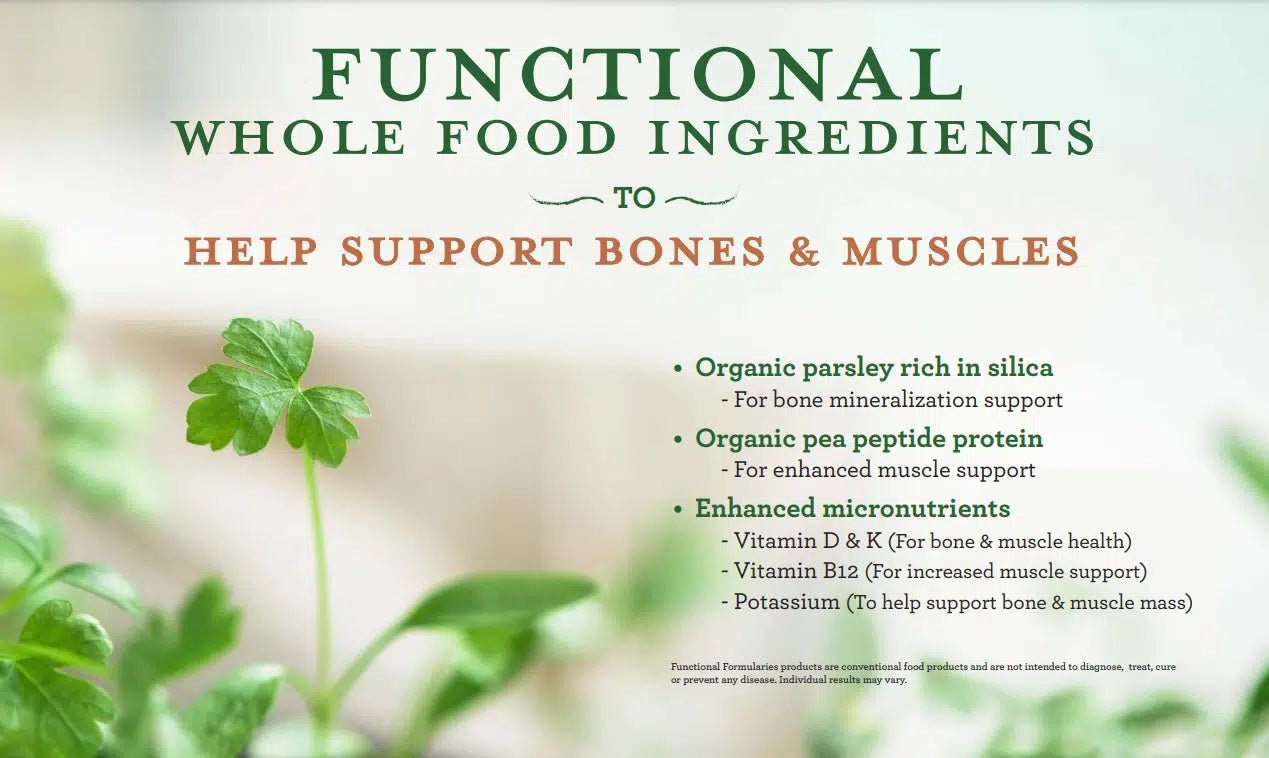 Functional whole food ingredients panel listing parsley and pea peptide protein