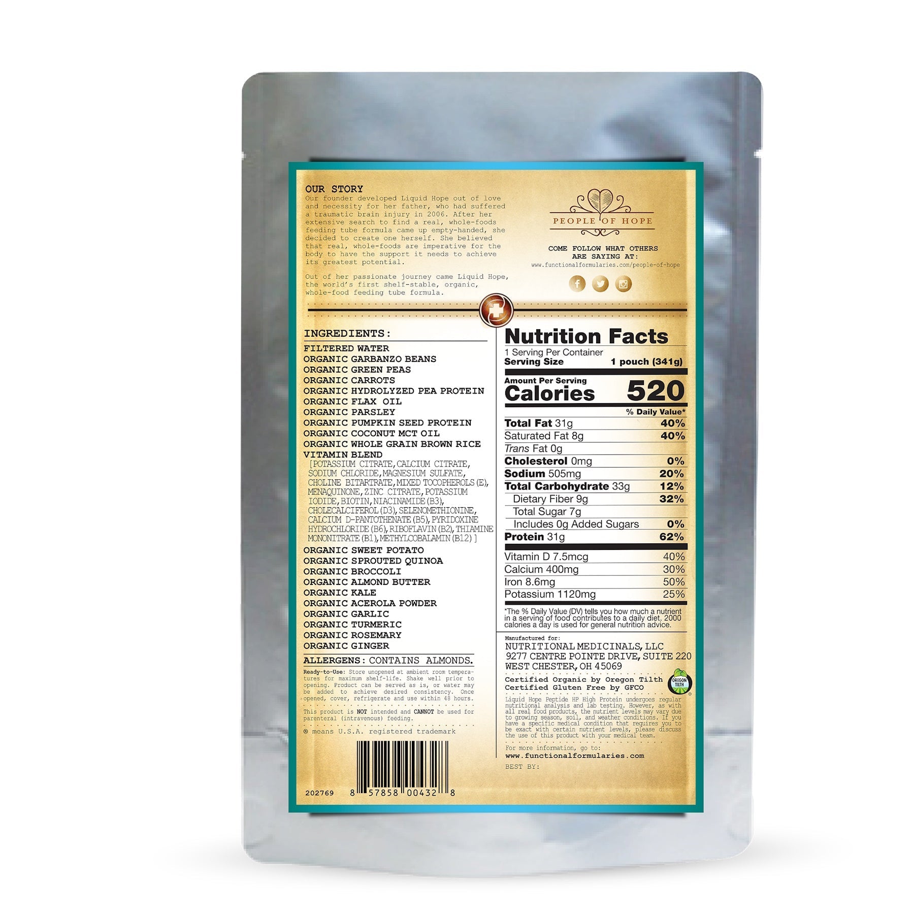 Liquid Hope Peptide HP Formula pouch back with ingredients and Nutrition Facts