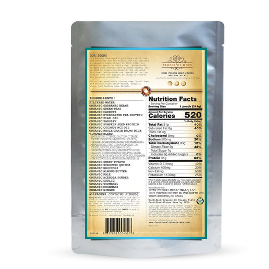 Liquid Hope Peptide HP Formula pouch back with ingredients and Nutrition Facts