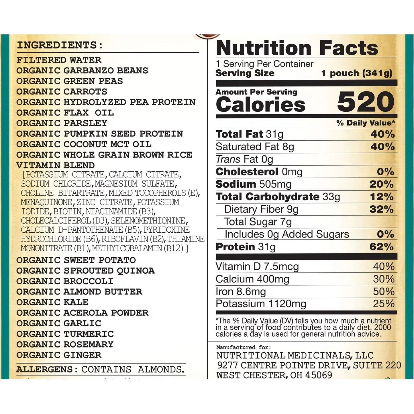 Nutrition Facts for 1 pouch (341 g): 520 calories, 31 g protein