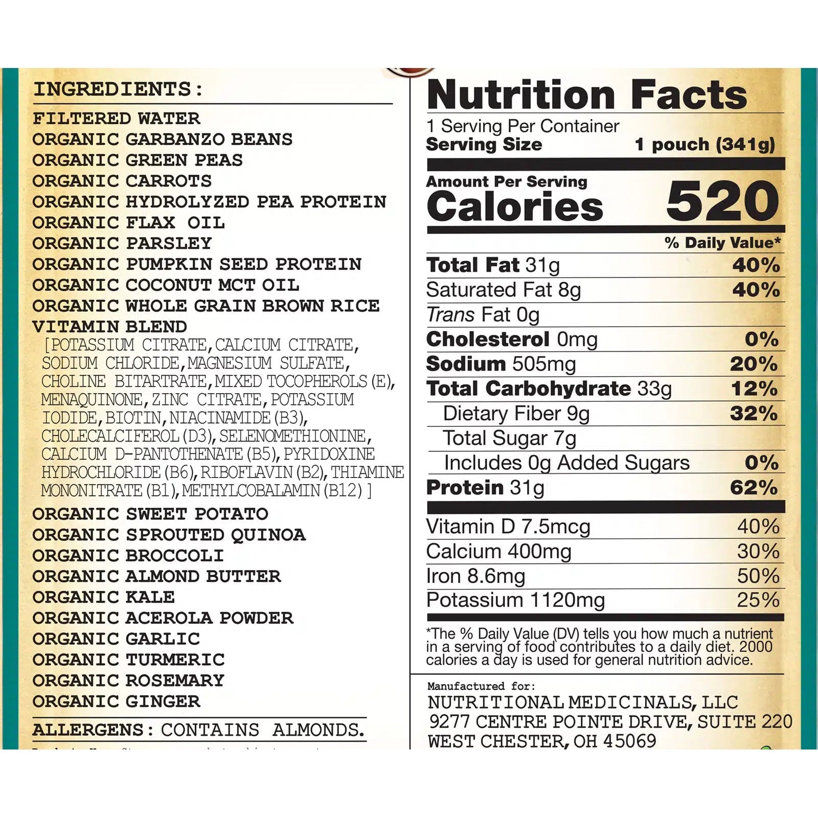 Nutrition Facts for 1 pouch (341 g): 520 calories, 31 g protein