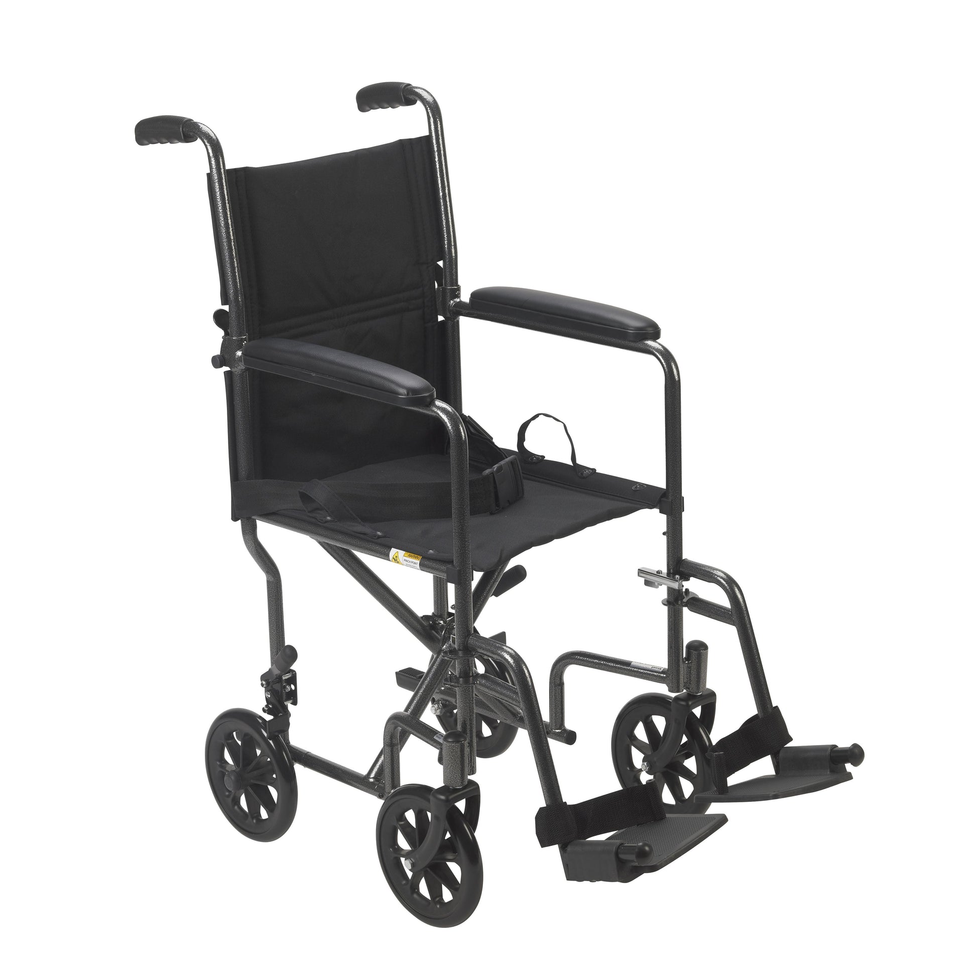 Black transport wheelchair with fixed full arms, padded seat and back, large rear wheels