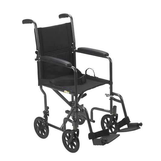 Black transport wheelchair with fixed full arms, padded seat and back, large rear wheels