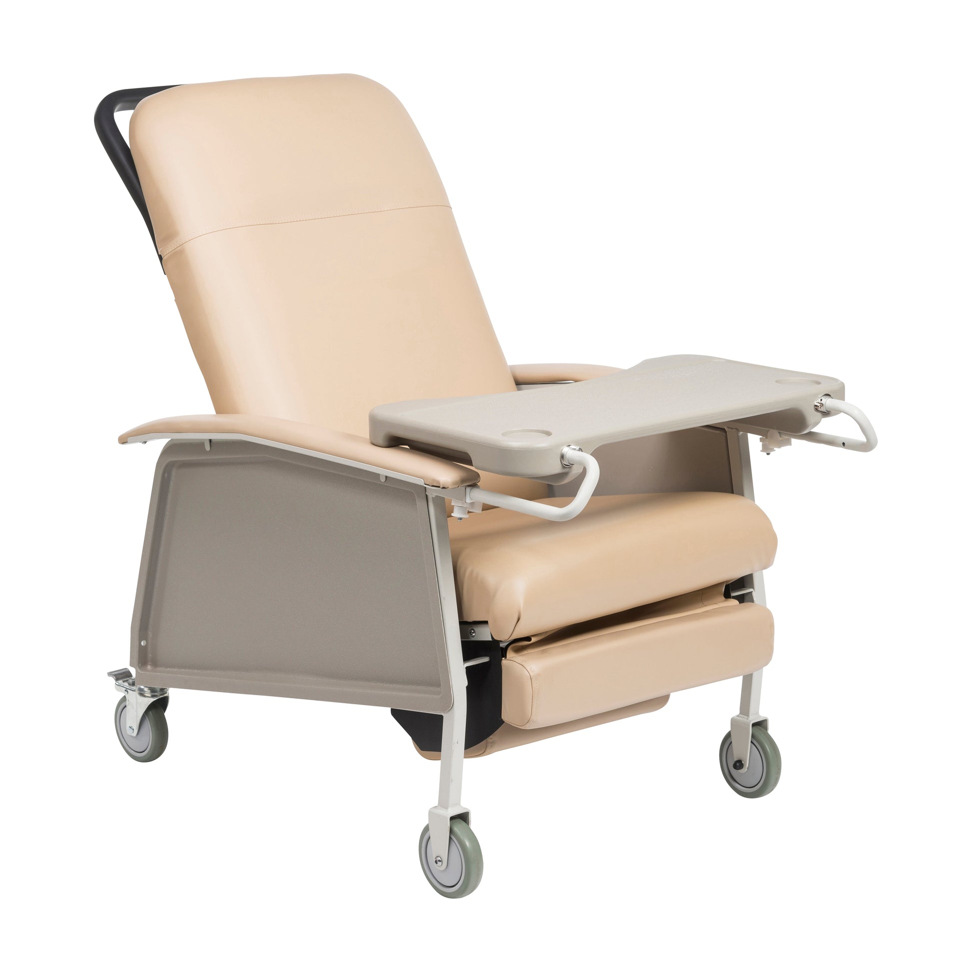 Tan bariatric recliner chair with padded armrests and backrest, on casters