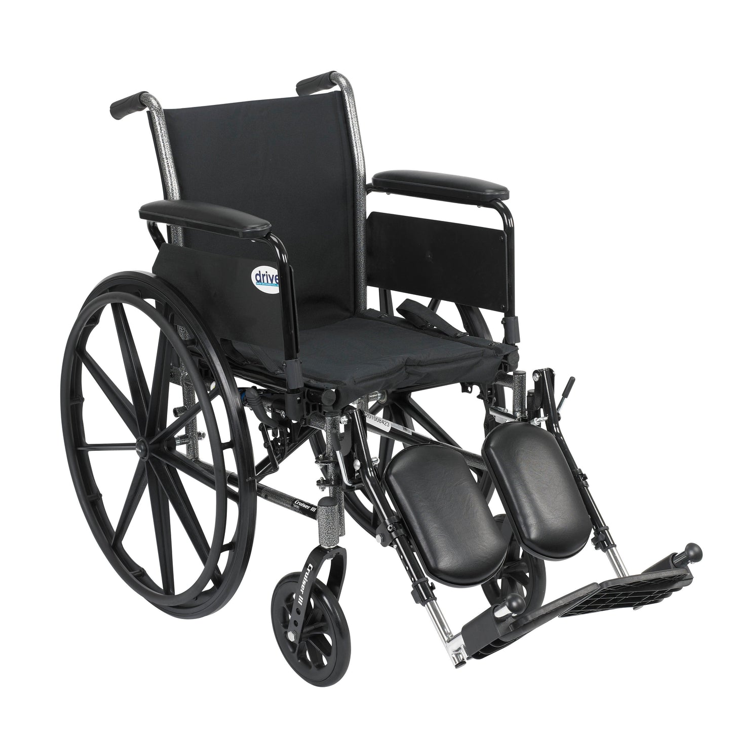 Black lightweight wheelchair with flip-back arms and elevating leg rests, 16" seat