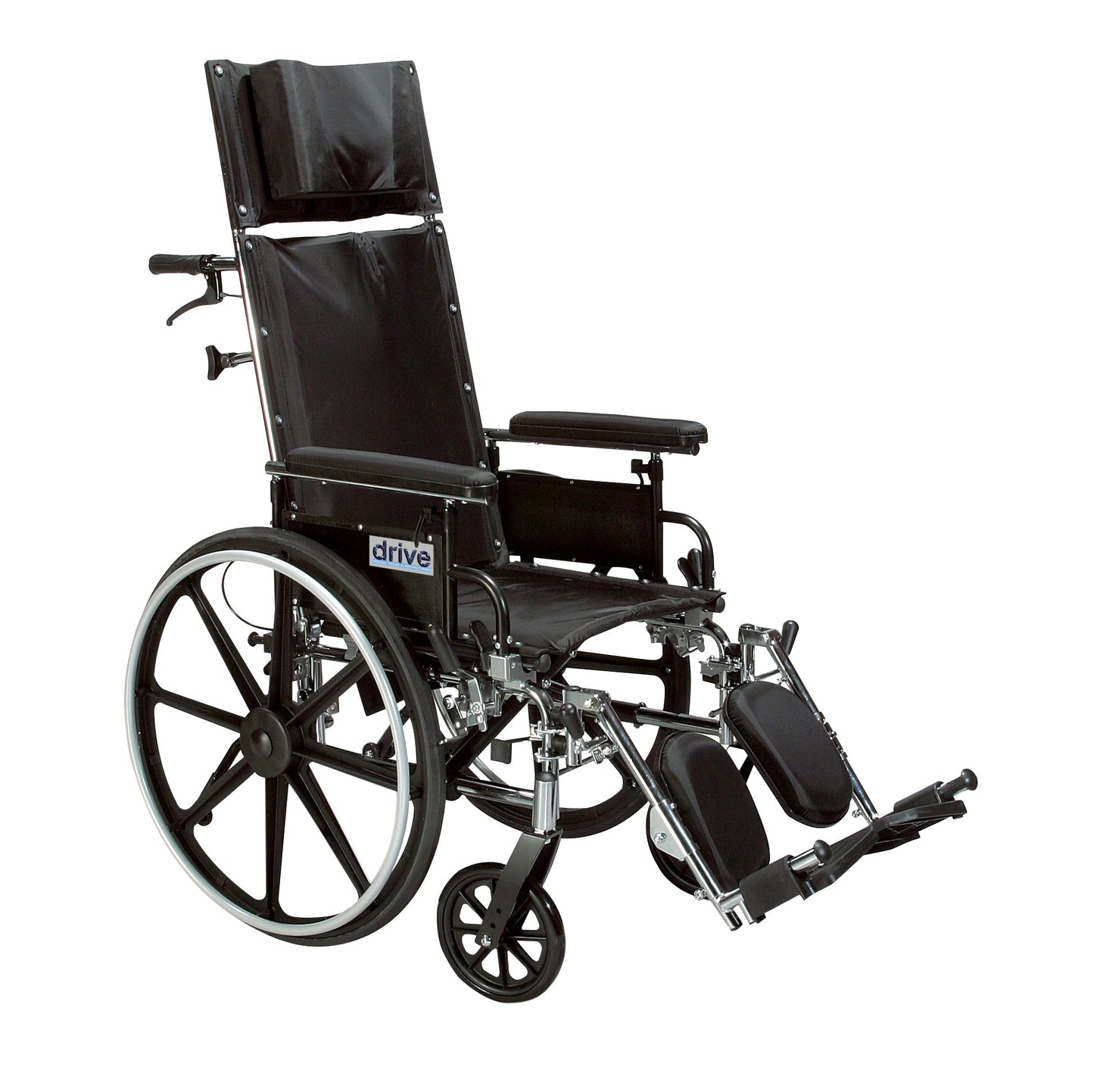 Full reclining wheelchair with detachable desk arms, 20-inch seat, black frame and upholstery
