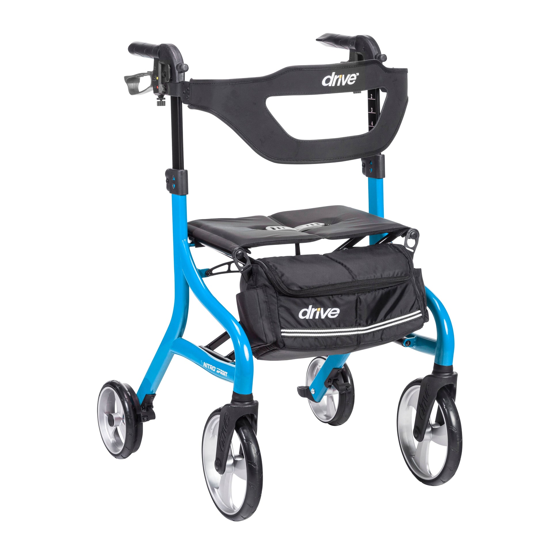 Tall blue rollator walker with black padded seat, storage bag, and four rolling wheels