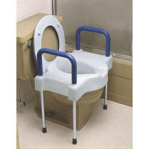 Elevated extra-wide toilet seat with blue padded handrails and white cushioned base