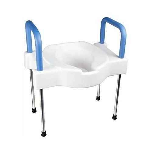 Extra-wide elevated toilet seat, white foam seat with blue armrests and chrome legs