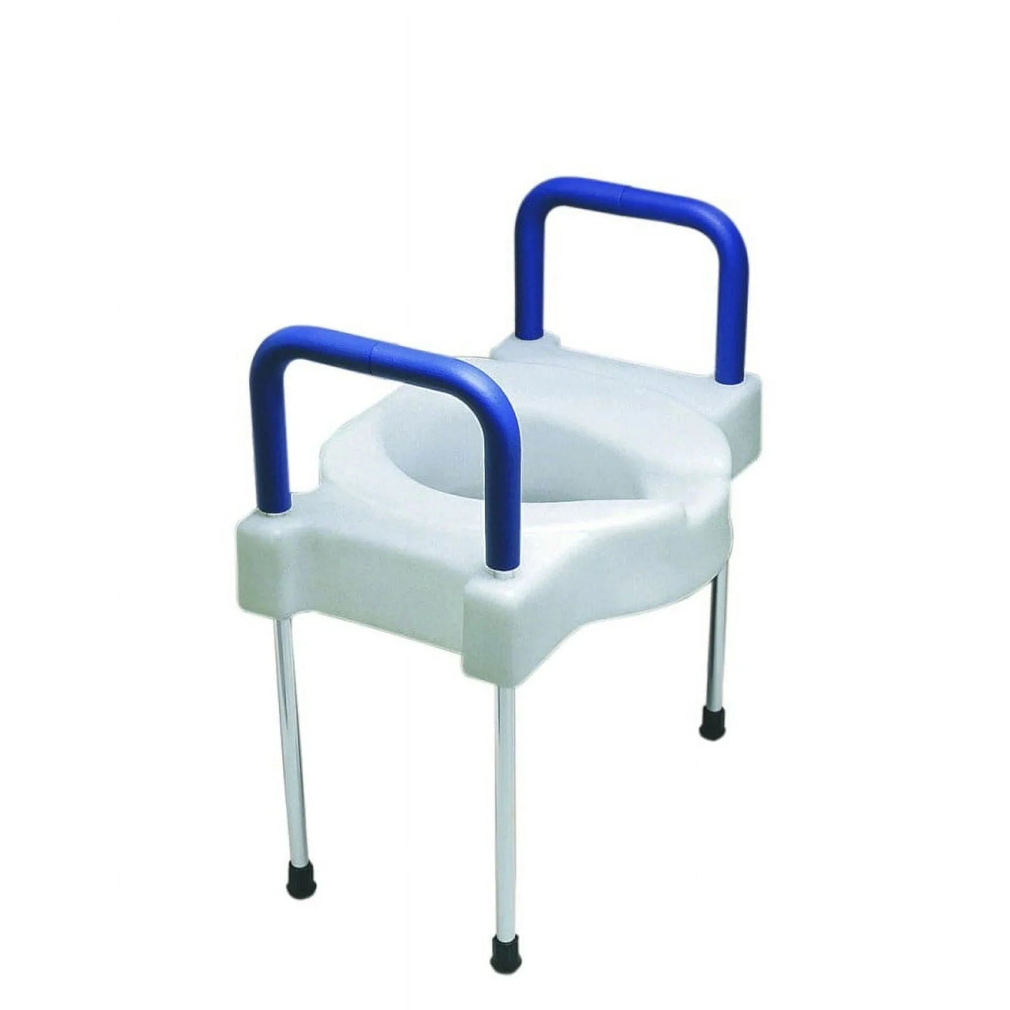 Tall elevated toilet seat with blue handles, white raised base, and aluminum-style legs