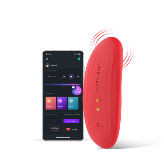 Red oval smart vibrator controller with indicator buttons and power icon