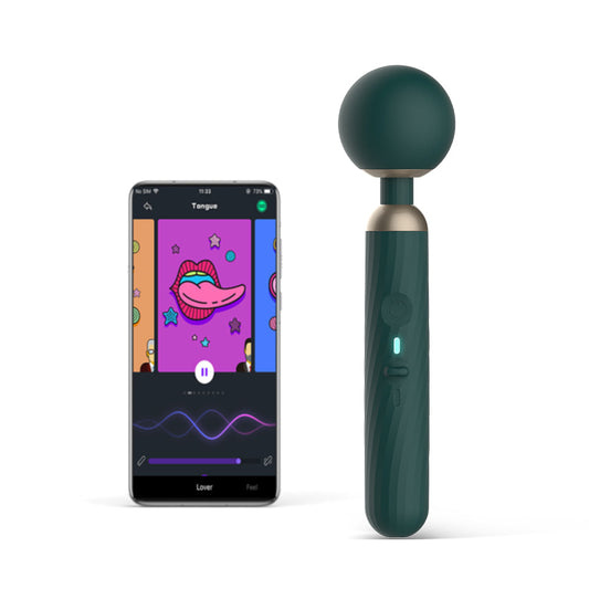 App-controlled massage wand with dark teal body and round silicone head