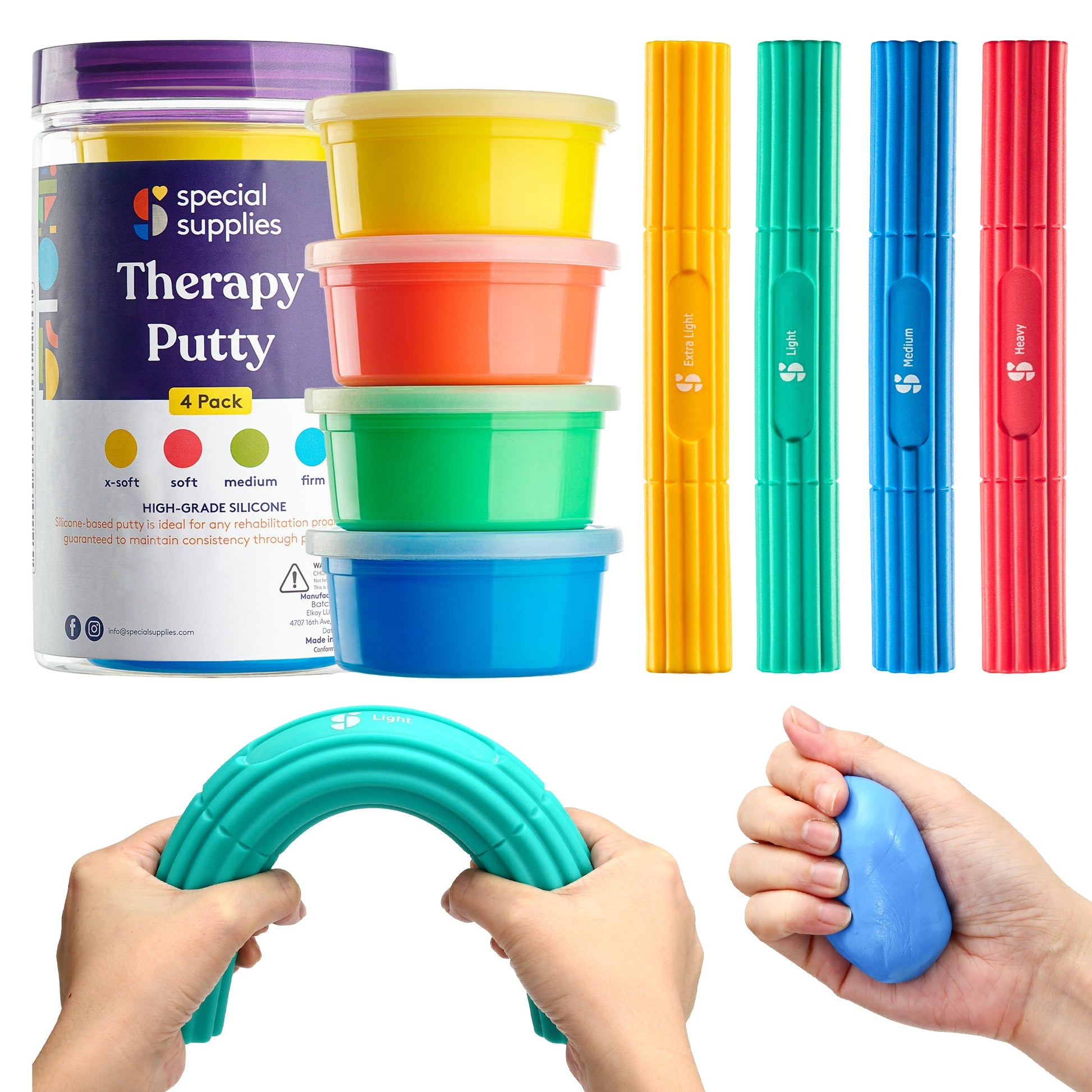 Hand therapy putty and flex bar kit: silicone putty tubs and four colored flex rods